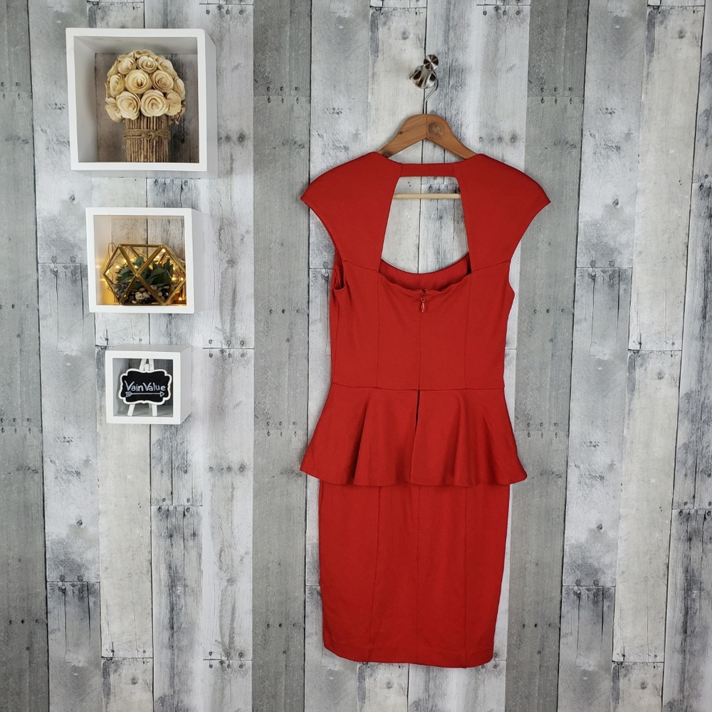Bebe | Red Cut Mariah Pepulm Dress - Picture 2 of 8